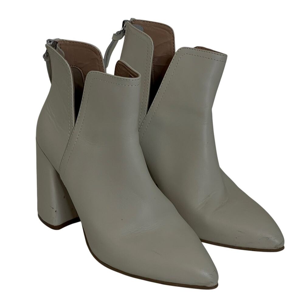 Steve Madden Thrived Leather Ankle Booties 8.5 Bone Pointed Toe Zip Block Heel